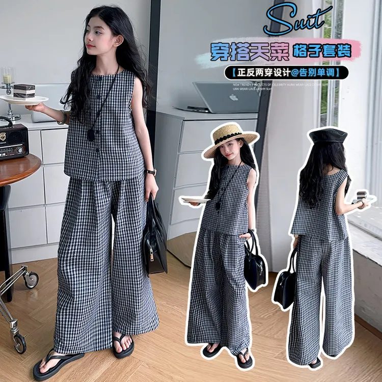 女童正反两穿格子套装2025新纯棉无袖大童夏装两件套洋气童装韩版