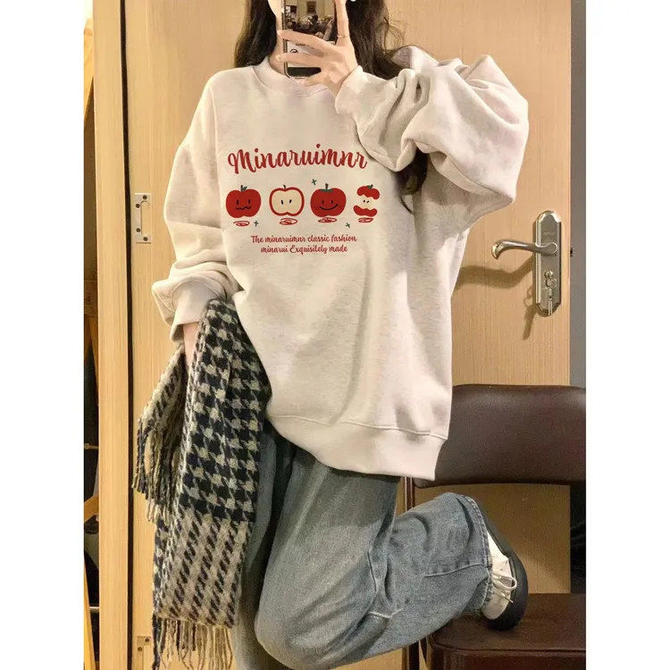 圆领白灰色加绒加厚卫衣女2025新款秋冬宽松慵懒美式潮牌上衣