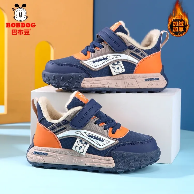 巴布豆男童棉鞋秋冬新款加绒保暖运动鞋小男孩皮面休闲鞋防滑板鞋