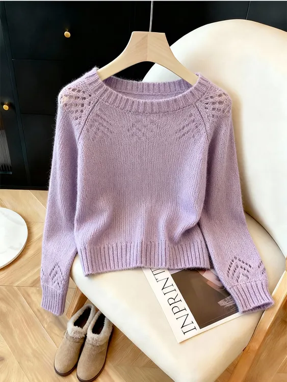 2025冬季新款温柔休闲风紫色长袖镂空针织衫女套头百搭减龄上衣潮