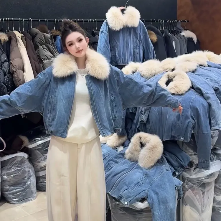 “此款不退不换”欧货牛仔狐狸毛大翻领加绒加厚鹅绒时尚洋气百搭