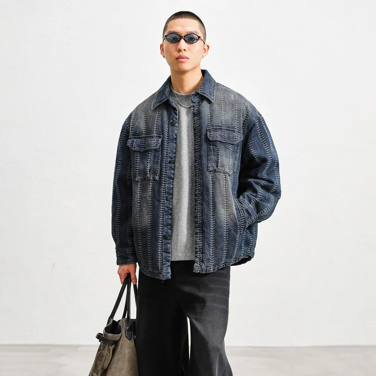 JUPSTUDIO工装刺绣牛仔羽绒服男冬季厚款90白鸭绒设计感防寒外套