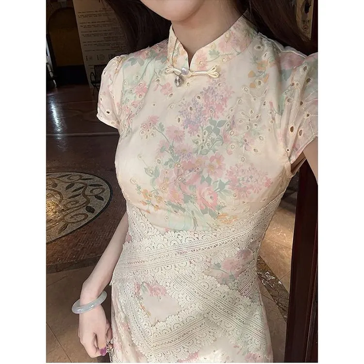新中式假两件印花改良旗袍2025夏蕾丝拼接镂空旗袍裙
