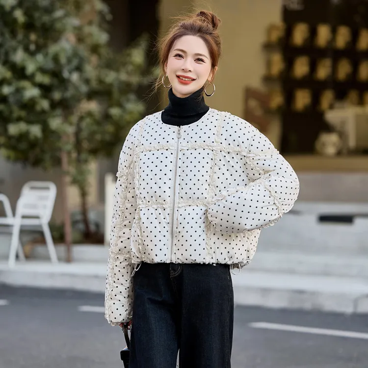 DUCURNO白色波点花边羽绒服女2025冬季新款时尚加厚保暖百搭外套