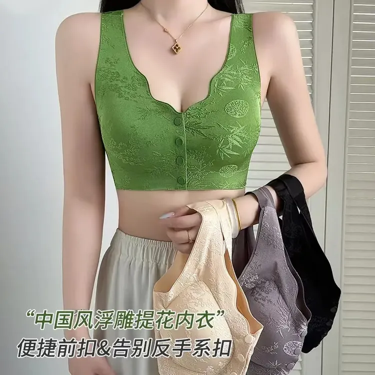 前开扣性感内衣女新国风浮雕提花无钢圈薄款聚拢调整型无痕文胸罩