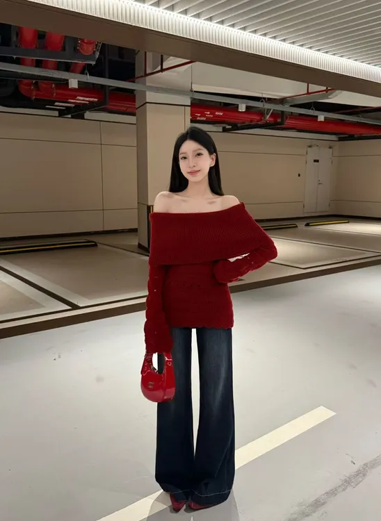 【CC定制】新款韩系温柔一字肩镂空收腰显瘦针织衫毛衣