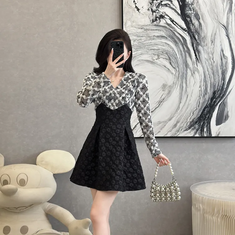 法式名媛淑女碎花收腰提花高腰小个子露长腿宫廷轻奢假两件连衣裙