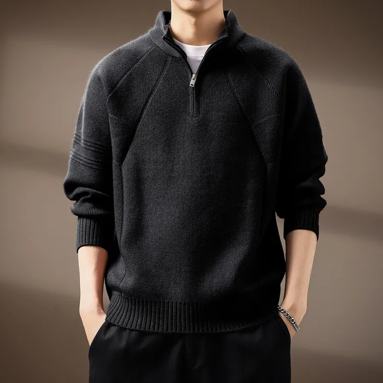 高端美式复古半高领拉链毛衣男冬季新款宽松套头纯色打底针织衫男