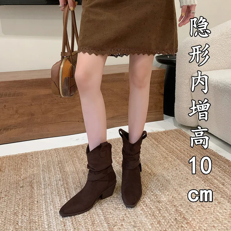 10cm尖头短靴女粗跟小码女鞋3334内增高新款复古小个子中筒皱皱靴