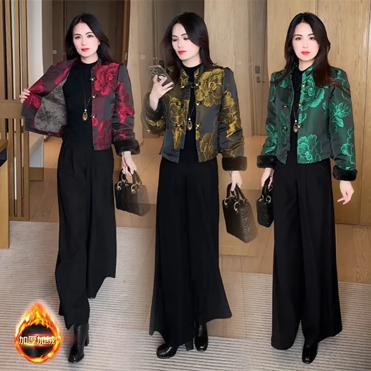 2025秋冬新款新中式穿搭时尚气质洋气国风提花夹棉加绒短外套