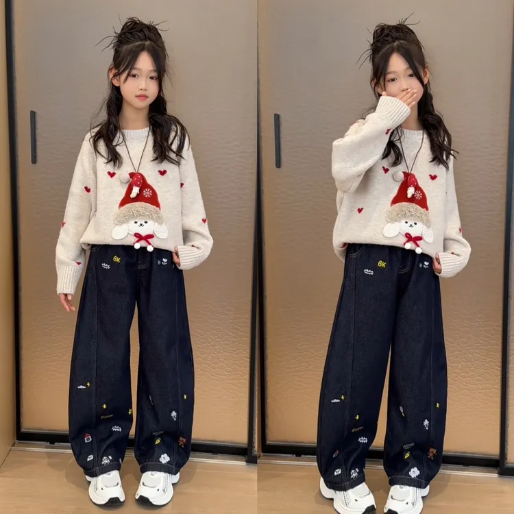 女童秋冬季套装儿童洋气针织毛衣宽松中大童加绒牛仔裤童装韩版潮