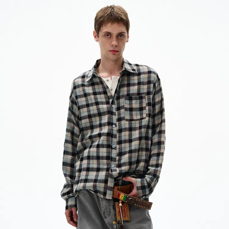 MADWITCH复古经典做旧格纹长袖衬衫男女宽松休闲vintage通勤上衣