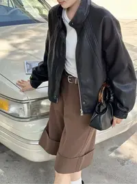 896-3742 黑色秋季韩版立领拉链皮衣外套