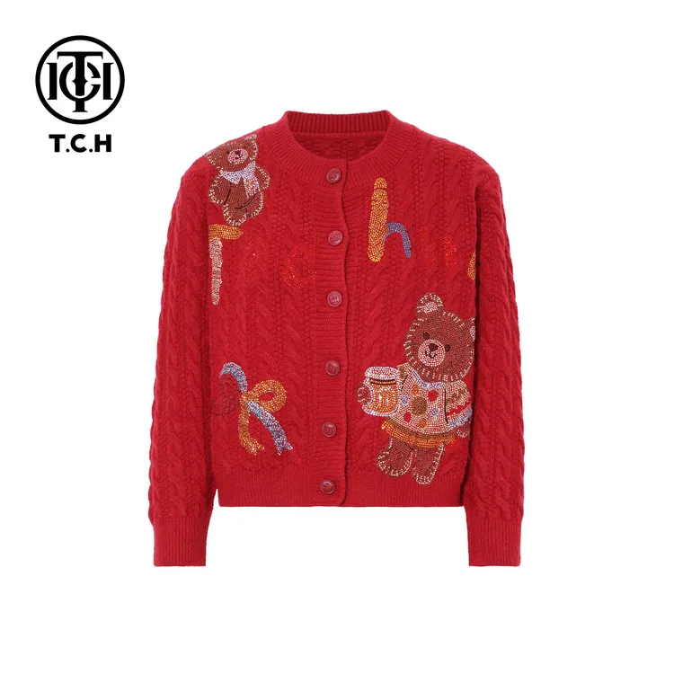 爆款TCH【时尚气质】冬款时尚烫钻红色休闲风女装针织衫T75D43E1066