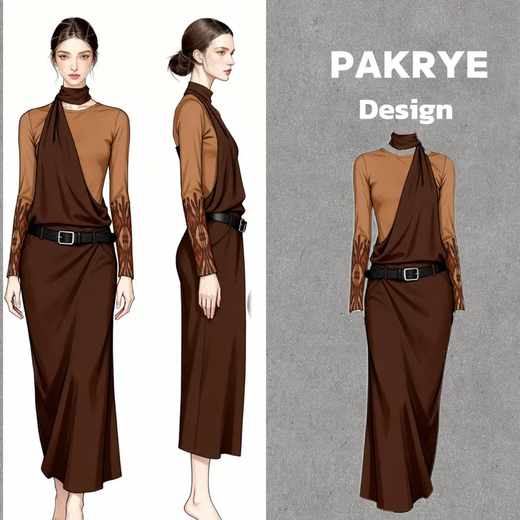 【PAKRYE】琥珀色撞色拼接长袖假两件收腰直筒气质连衣裙女秋冬款