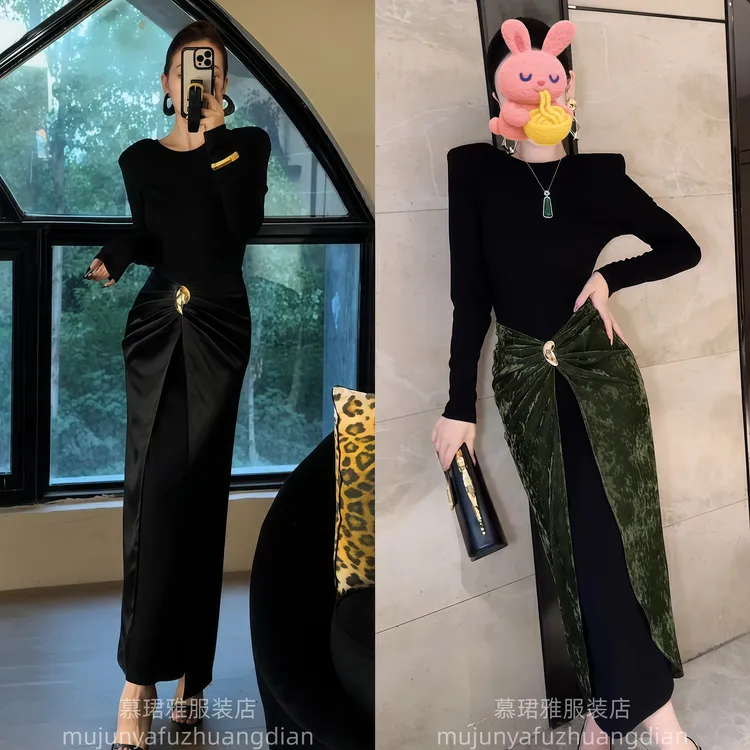 2025秋季网红新款假两件连衣裙女轻奢名媛风拼接修身显瘦长裙