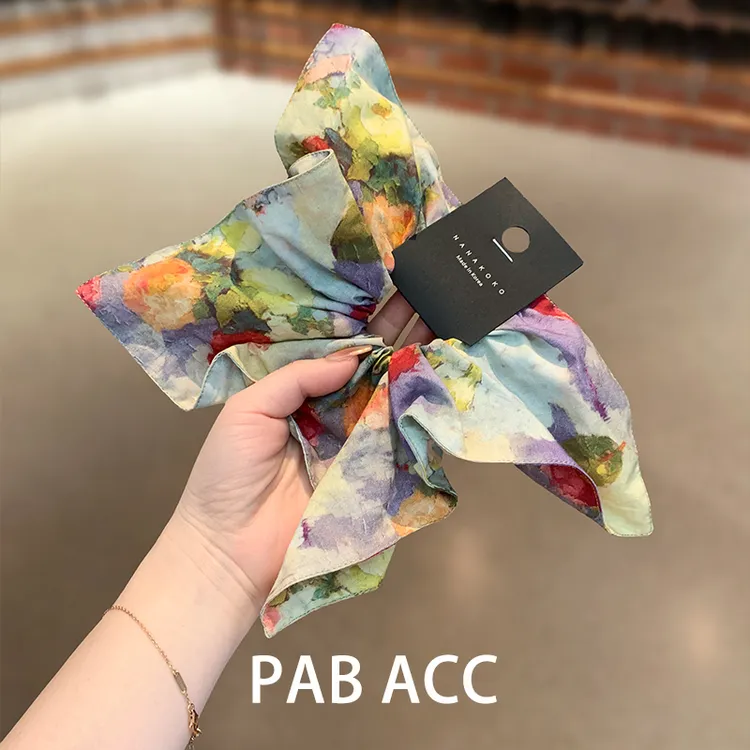 复古油画森系宽边方巾肥肠圈晕染韩国显白亮色吸睛高弹橡皮筋发圈