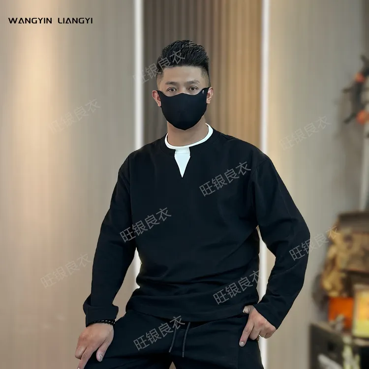 【旺银良衣】秋季假两件T恤百搭宽松拼色常规款V领圆领免烫卫衣情侣