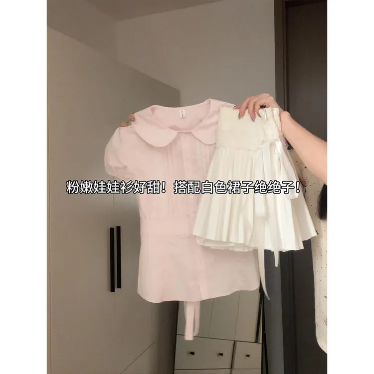 独特绝美夏季小套装女正肩娃娃领绑带衬衫高腰花边百褶短裙两件套