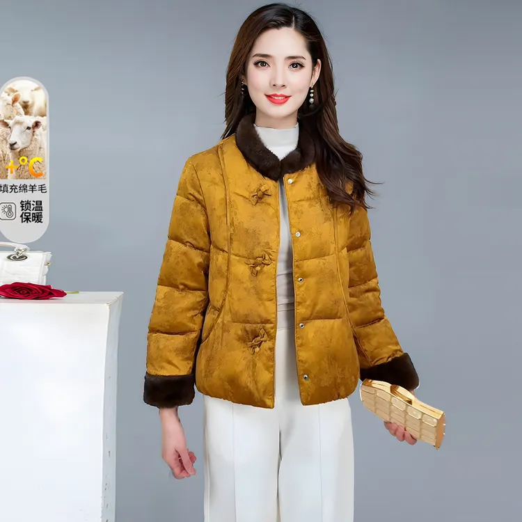新中式风黄色圆领短款棉衣女新款中老年妈妈装洋气棉袄冬季保暖