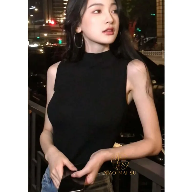 黑色半高领无袖吊带背心女夏外穿遮副乳内搭打底坎肩工字冰丝上衣