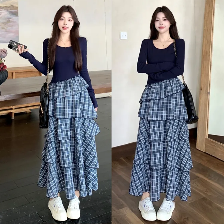 大码胖mm女装秋季新款设计感拼接格子蛋糕连衣裙长裙女