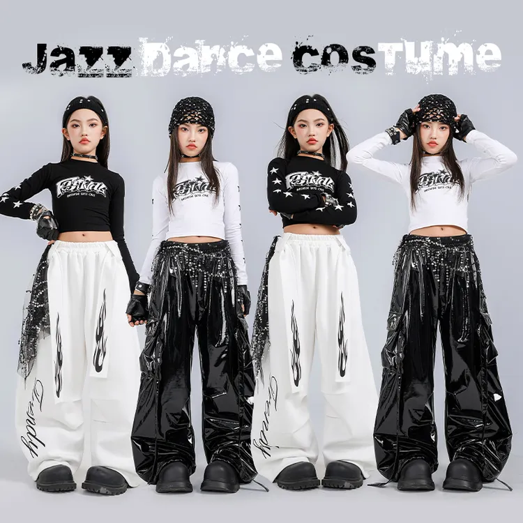 爵士舞女童服装黑白长袖演出服套装jazz儿童街舞朝服元旦表演服女