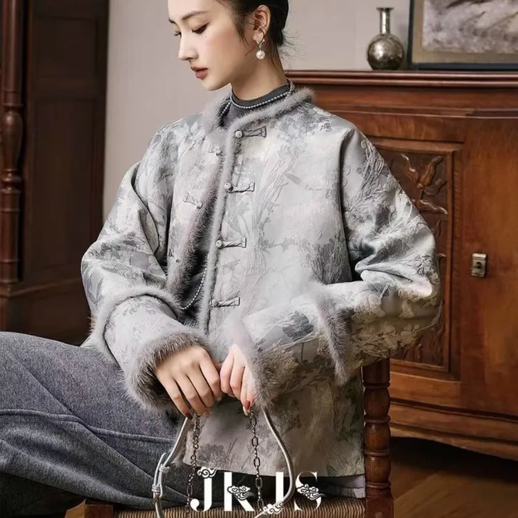 新中式国风秋冬季加绒外套高级感老钱风提花水貂绒洋气时尚棉服女