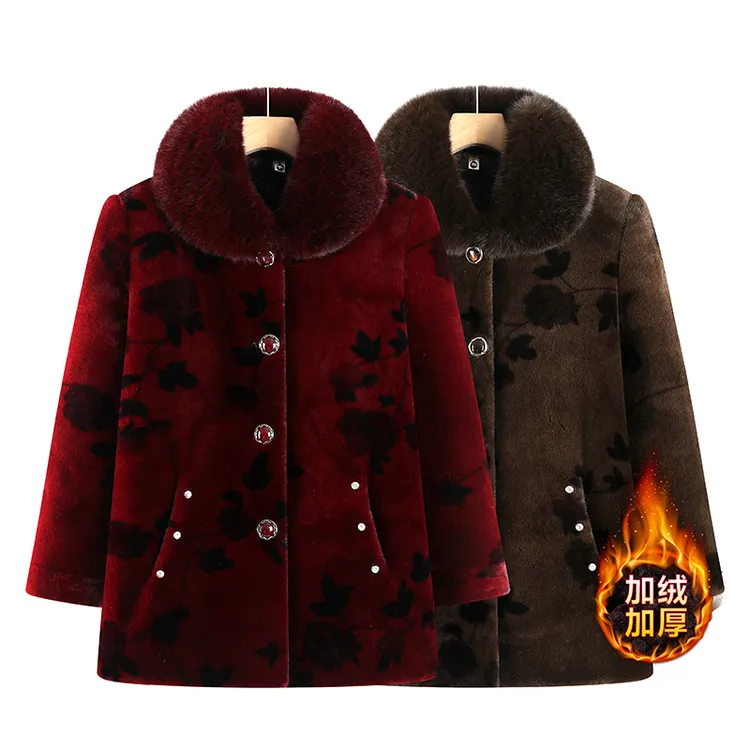 中老年妈妈秋冬加绒外套带毛领奶奶装棉服大衣老太太冬装加绒保暖