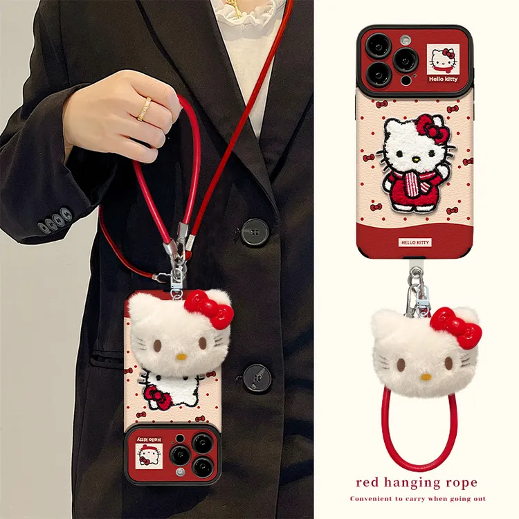 斜跨毛绒kt适用苹果17华为VIVO/OPPO小米iPhone16视窗贴皮手机壳