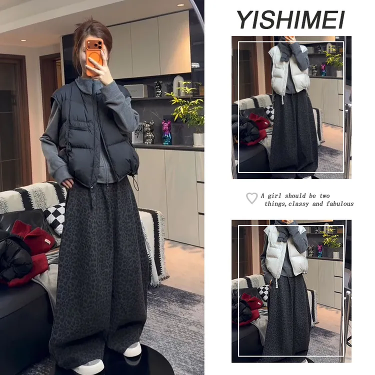 秋冬时尚穿搭2025新款韩系百搭长袖上衣保暖马甲豹纹休闲裤三件套