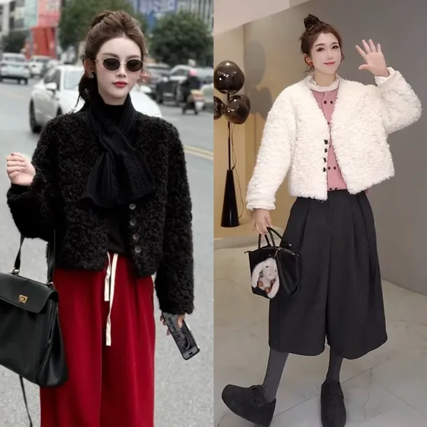 设计感V领加厚毛毛短外套女装2025冬季时尚气质超好看保暖上衣