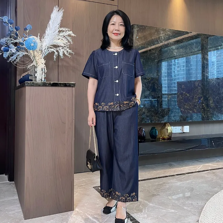 气质妈妈装套装高档牛仔夏季显瘦洋气新中式中老年减龄刺绣2537