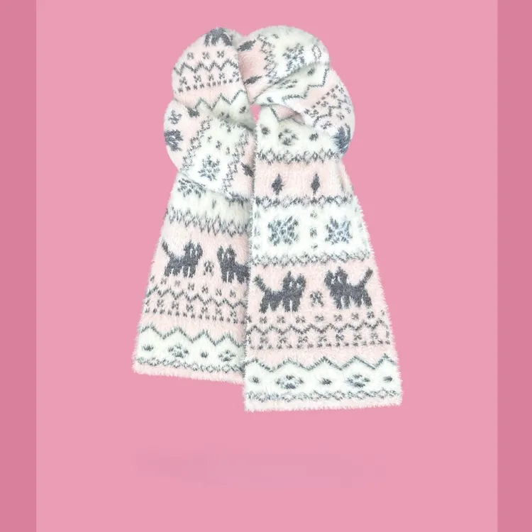 费尔岛风可爱猫咪双面针织围巾女秋冬保暖复古百搭围脖防风防寒