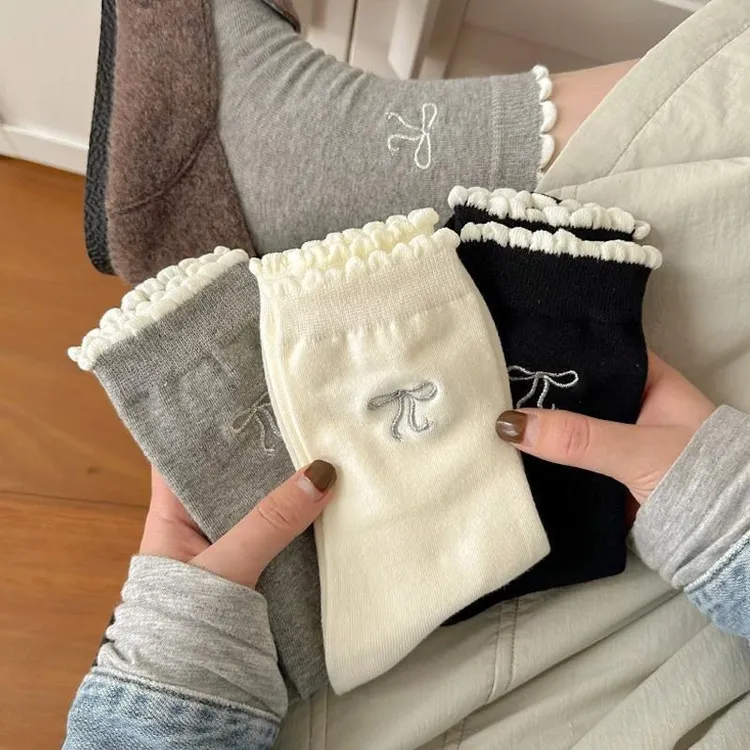 白色花边蝴蝶结袜子女春秋纯色中筒袜韩系少女显瘦ins潮堆堆袜xdd