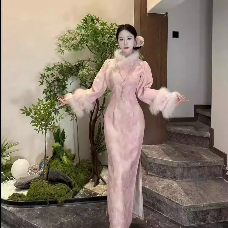 自制新中式厚款温柔加绒加厚旗袍【紫花落香】2025冬季百搭连衣裙