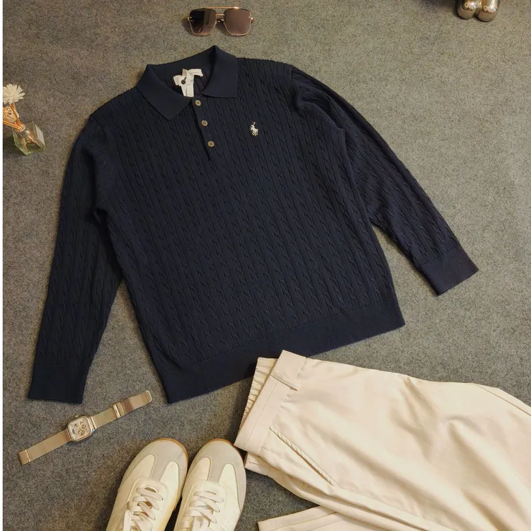 羊毛混纺老钱骑士刺绣高端翻领毛衣麻花条纹针织衫秋冬季带领T恤