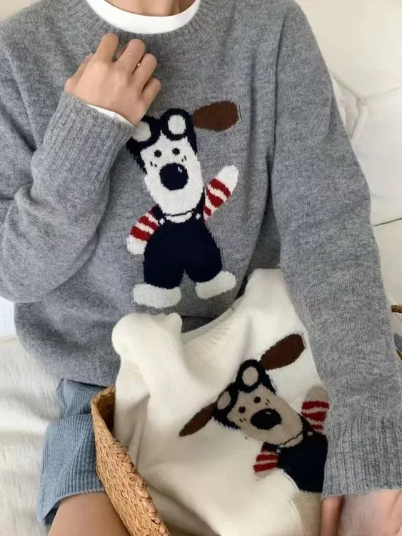 100羊毛卡通小狗圆领羊毛衫毛衣灰色休闲毛衣