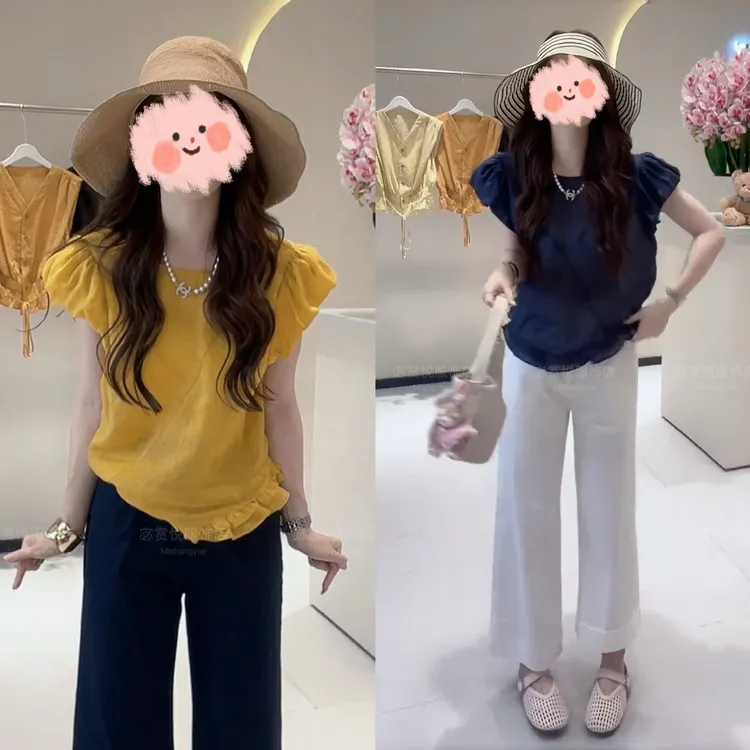 夏季法式荷叶边下摆韩系减龄短袖上衣套装蕾丝边直筒裤洋气衣服女