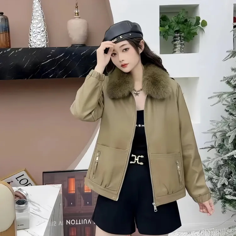 海宁皮衣外套女反季清仓加绒加厚秋冬季新款可拆卸毛领洋气皮衣