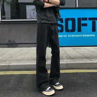 黑色微喇牛仔裤男款秋季美式高街痞帅炸街裤子cleanfit直筒弯刀裤