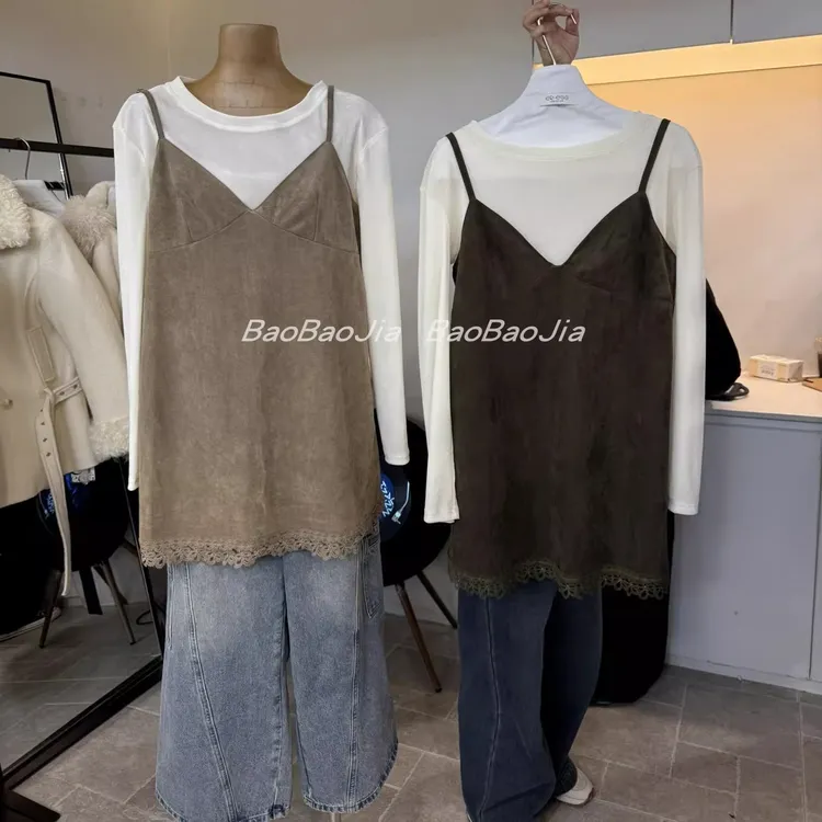 韩系复古蕾丝V领叠穿吊带背心女2025冬新款气质中长款吊带连衣裙