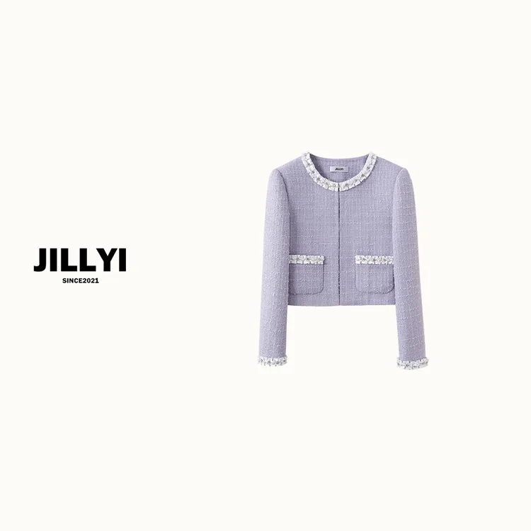 JILLYI南山店【晨曦紫雾】紫色圆领粗花呢时尚百搭外套秋季韩版气质