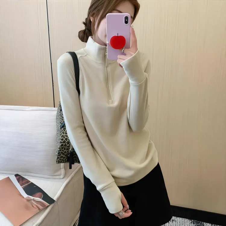 设计感半拉链立领撞色德绒打底衫女2025秋冬时尚拼接百搭T恤上衣