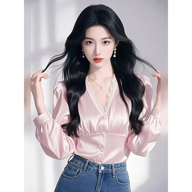 法式高级感粉色拼接V领长袖衬衫女春季新款修身显瘦百搭减龄上衣