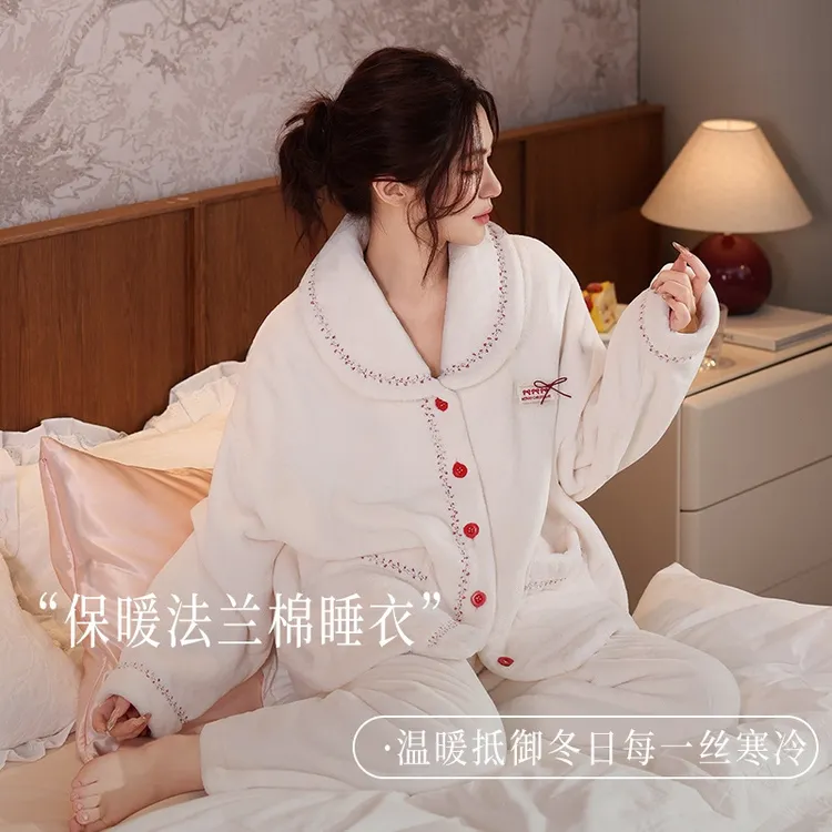 纯禧贵妃绒轻甜少女法兰绒睡衣秋冬季女加绒保暖珊瑚绒家居服新款