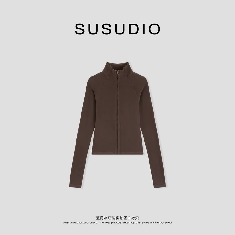 SUSUDIO 极简插肩袖立领拉链德绒修身保暖开衫外套 70407