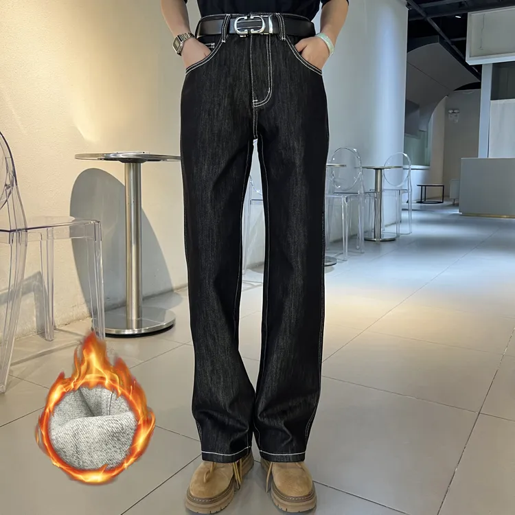 【逸潮】美式加绒牛仔裤子男款复古宽松直筒裤百搭休闲长裤-134