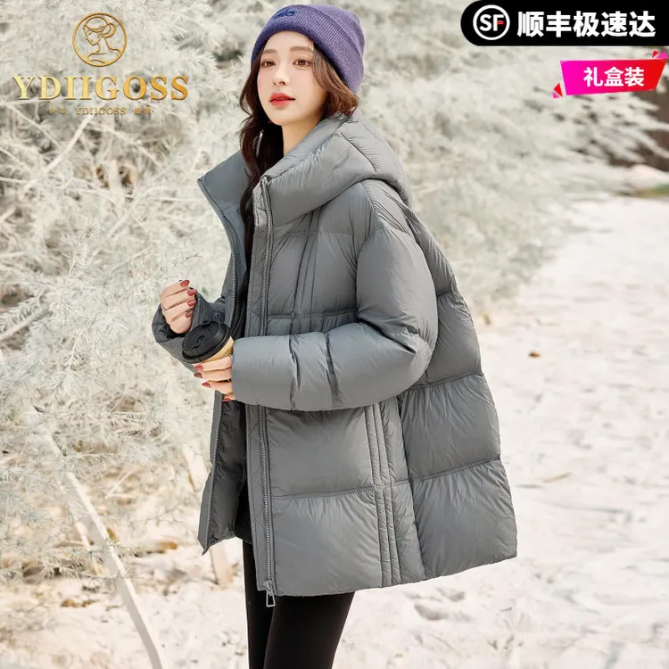 伊蒂格世灰色泡芙羽绒服女士中长款2025新款冬装高级90白鸭绒加厚