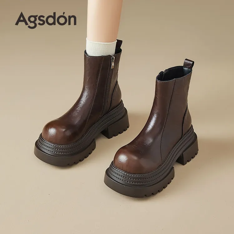 /奥古狮登棕色短靴女2025新款秋季厚底增高马丁靴复古裤管靴爆款Q